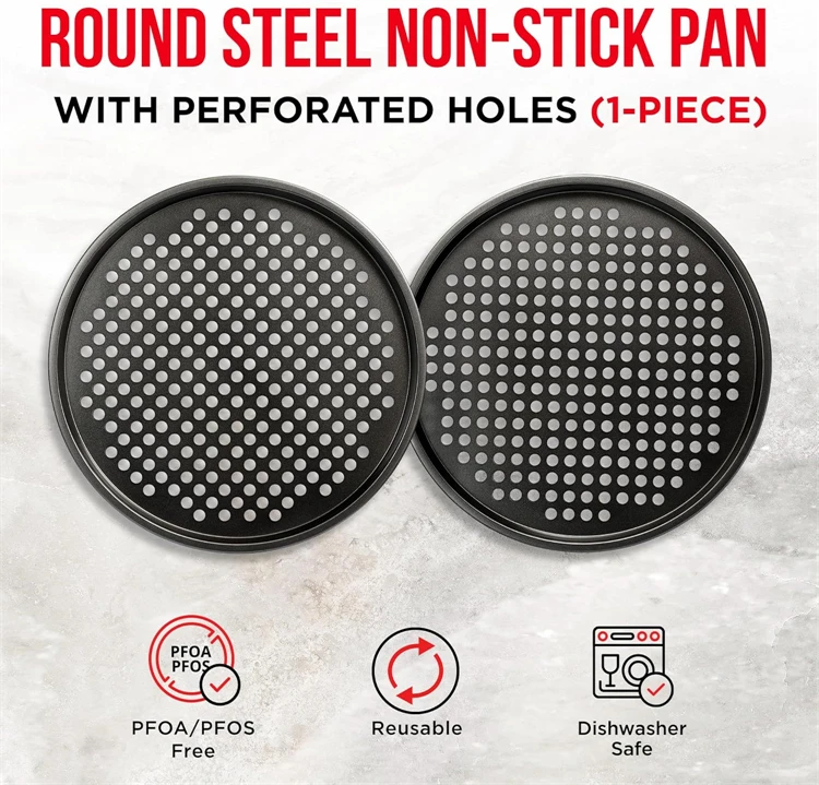 Perforated pizza pan design for even heat distribution.