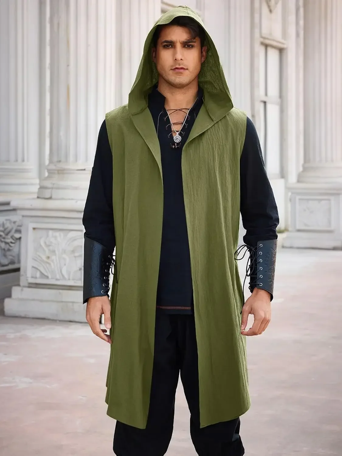 Runcati Costume rinascimentale da uomo Cappotto con cappuccio Cavaliere medievale Tunica senza maniche Top Tabard Vichingo Mantello Holloween - immagine 2