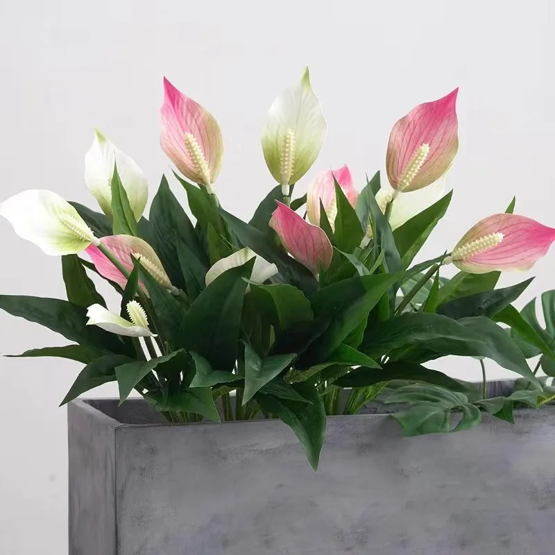 Yannew 4 Stück künstliche Blumen Spathiphyllum für den Außenbereich, UV-beständige Seidenpflanzen, Grün, Bonsai, Garten, Veranda, Heimdekoration