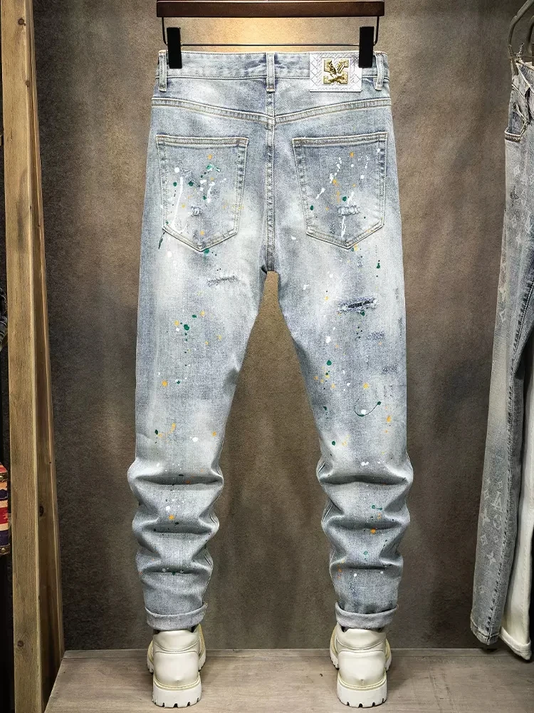 Street Fashion Men Jeans Retro Light Gray Blue Elastic Slim Fit Ripped Jeans Men Painted Designer Hip Hop Vintage Pants Hombre