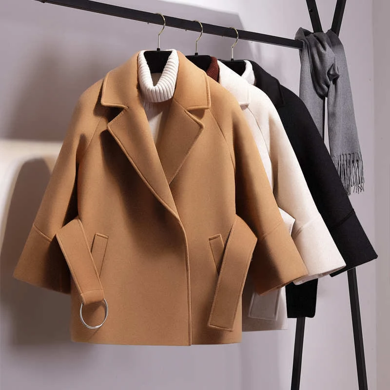 Women Short Style Woolen Coat Belt Jacket Turn-down Collar Covered Button Casual Woolen Trench Coats Female 4XL Winter Outerwear