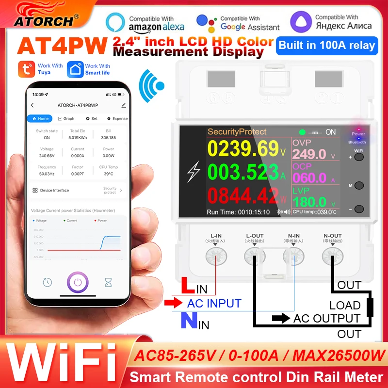 ATORCH AT4PW 100A Tuya WIFI Din Rail Smart Switch Remote Control AC 220V 110V Digital Power Energy Volt Amp Kwh Frequency Factor Meter