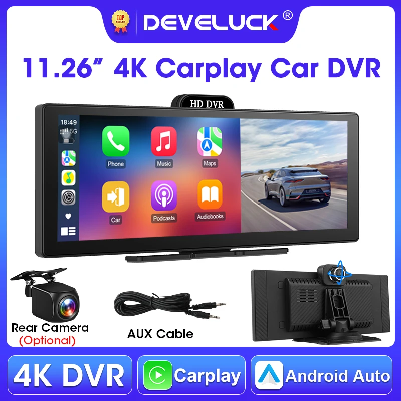 Develuck 11.26인치 4K 대시캠 자동차 DVR 후방 카메라 카플레이 및 안드로이드 오토 스크린 GPS 네비게이션 듀얼 렌즈 비디오 레코더