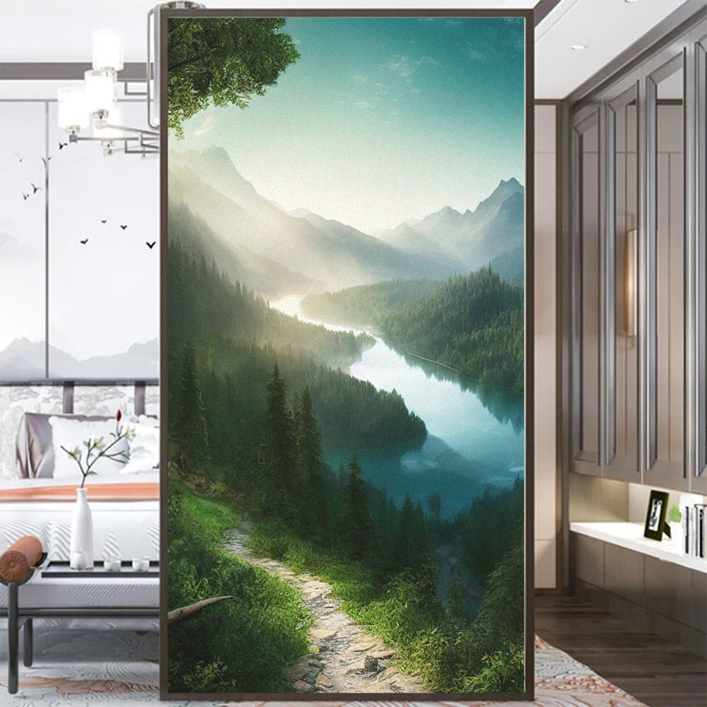 

Static Cling Window Film Privacy Heat Control Anti UV Blocking Window Stickers Natural Scenery Decorative Frosted Window Film