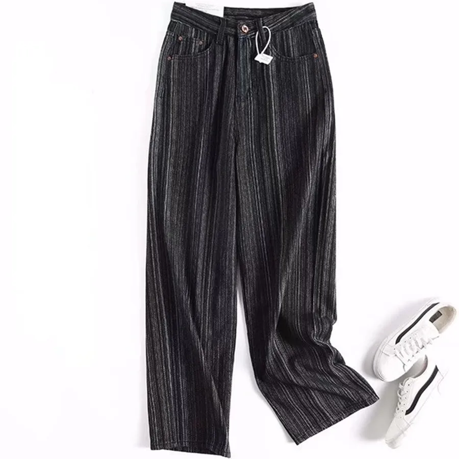 

Elmsk England Style Spring Loose Casual Denim Pants Women Fashion Striped High Waist Straight Jeans Women