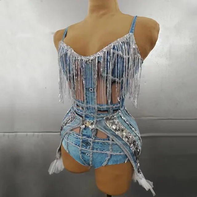 

Sequins Tassel Sleeveless Bar Club Party Leotard Stage Wear Nightclub DJ Women Singer Dancer Costume Faux Denim Fabric Bodysuit