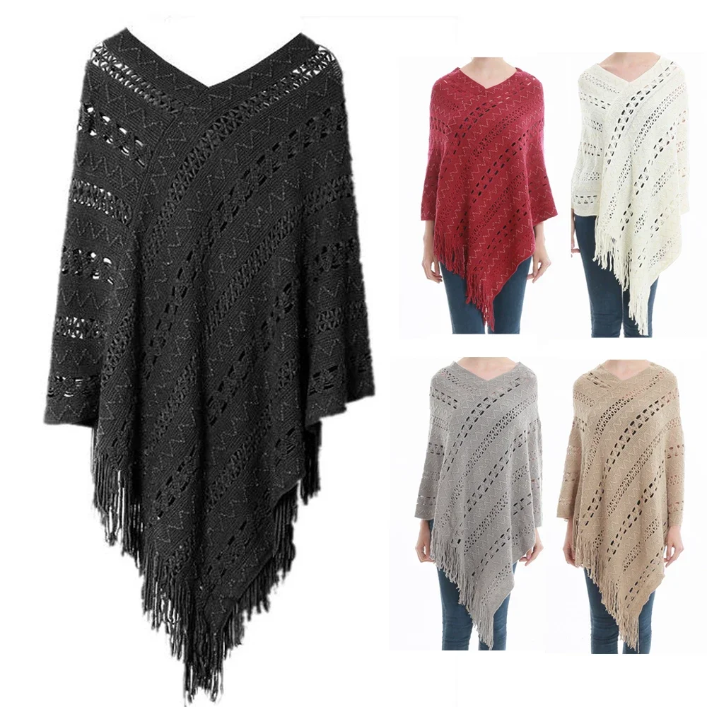 Women's Irregular Loose Hollow Out Knitted Poncho Cape Coat  Pullover V-neck Shawl with Tassels Detail woman lace trim sheer shawl for wedding church summer travel body cool breathable shawl with hoodie hot weather supplies