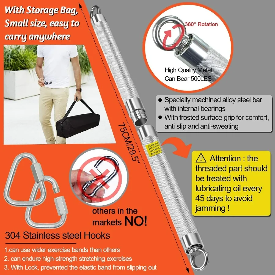 75CM/29.5” Length Resistance Band Bar Set for Home Gym, 500LB Total Resistance with Longer Bar & 4 Stackable Bands, Detachable f