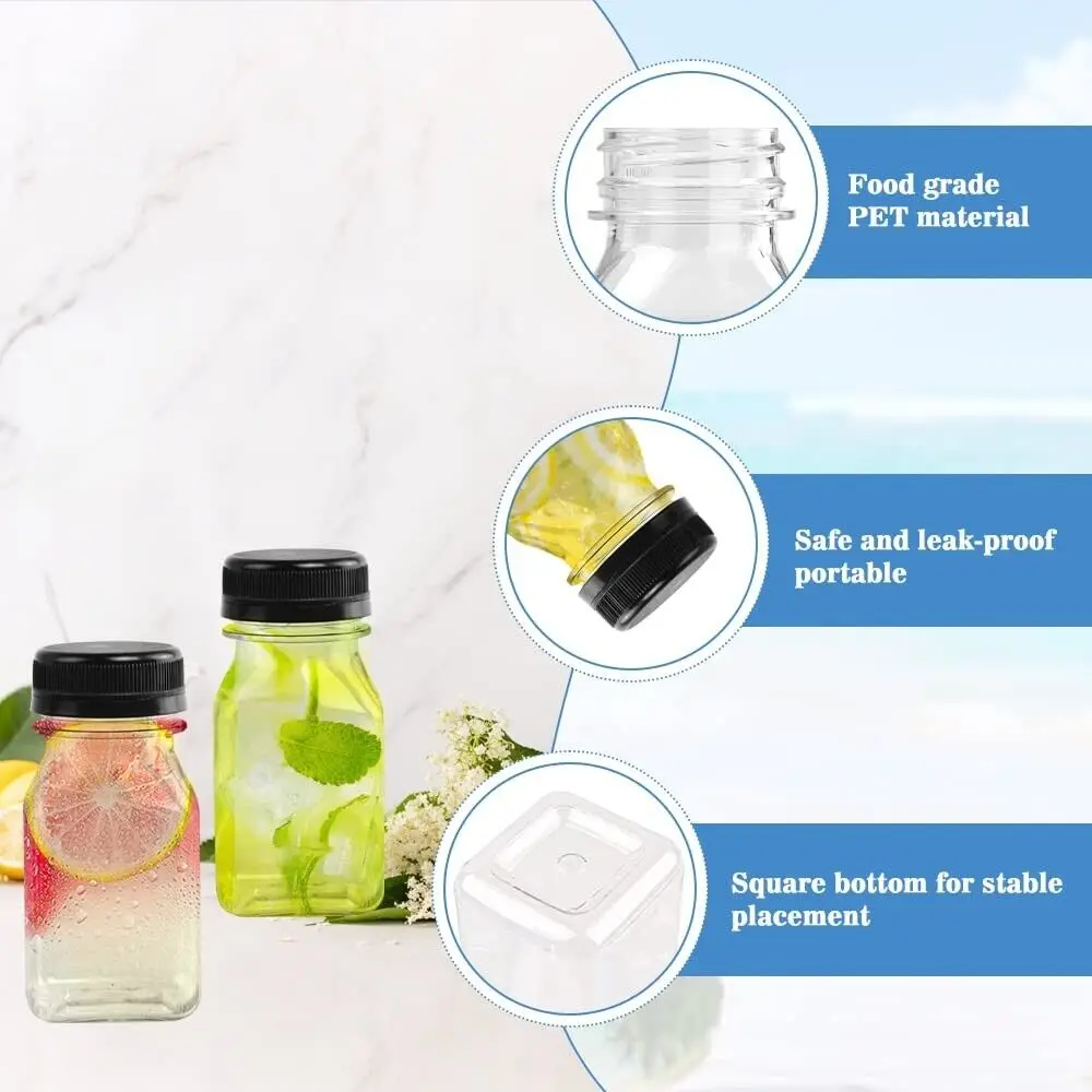 Clear PET Square Beverage Bottles w/ Black Polypropylene Tamper