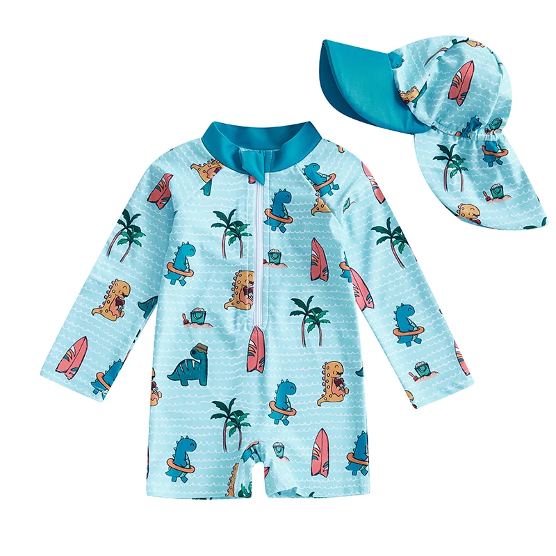 Citgeett Summer Kids Boy Swimsuits Cute Cartoon Print Long Sleeve Zipper Bathing Suit Sun Cap Clothes