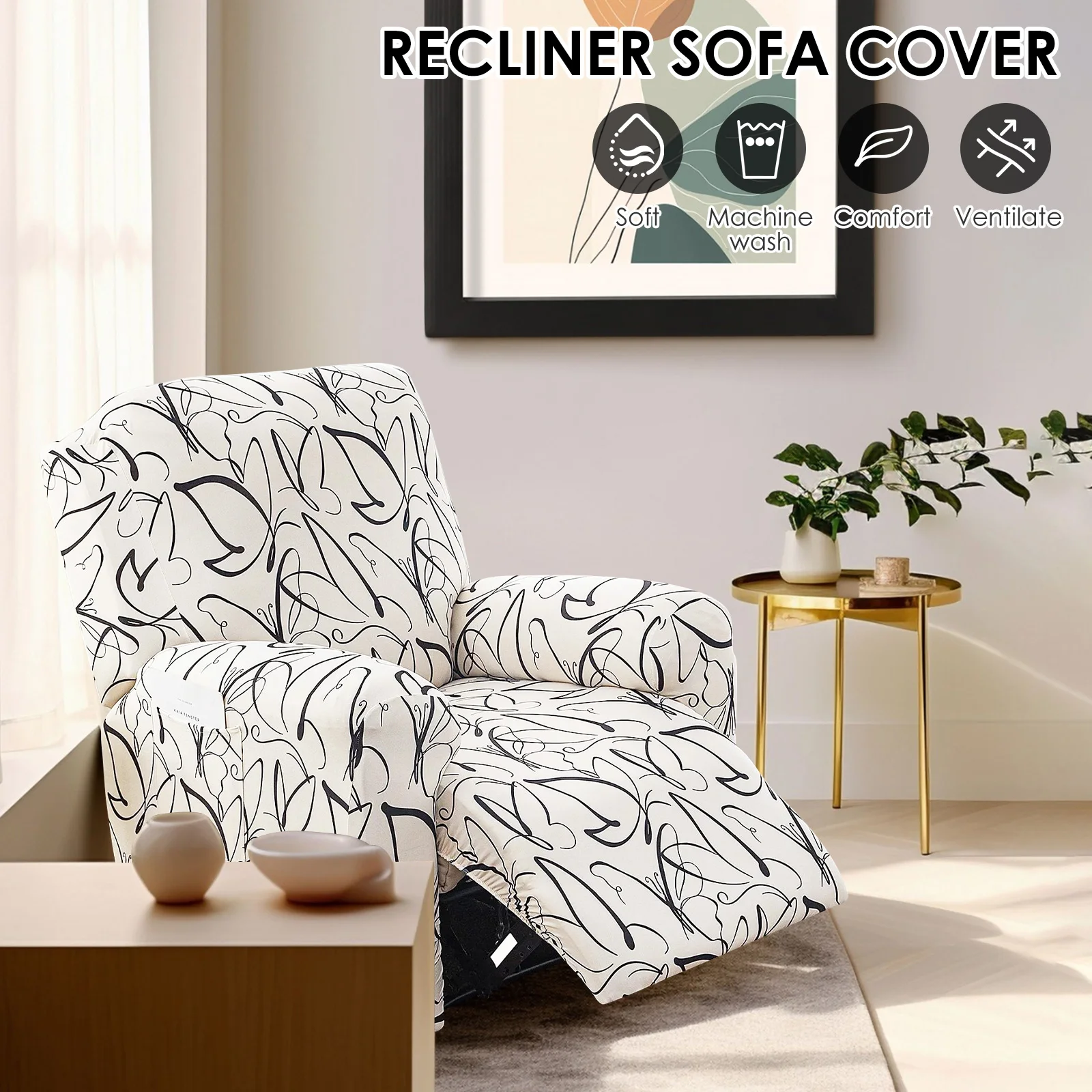 4Pcs Elastic Recliner Sofa Cover Printed Stretch Recliner Slipcovers with Side Pockets Non Slip Sofa Slipcovers for Living Room 5