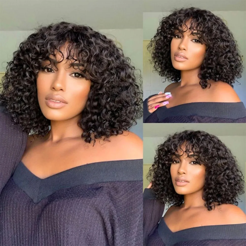 

Short Curly Pixie Cut Bob Human Hair Wig With Bangs Full Machine Wigs For Black Women Remy PrePlucked With Baby Hair jerry Curl