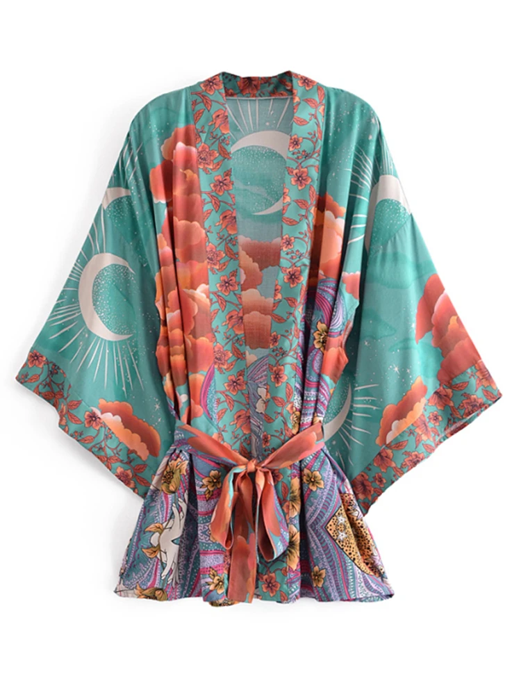 Boho 빈티지 스타와 달 꽃 프린트 새시 여성 보헤미안 V 넥 Batwing 슬리브 Happie 짧은 가운 기모노 드레스 커버 업