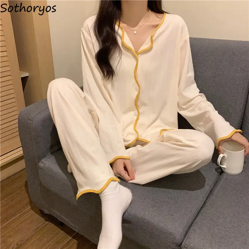 

Pajama Sets V-neck Long Sleeve Patchwork Sweet Fashion Home Lounge Wear Comfortable Loose Spring New Night Suits Sleepwear Soft