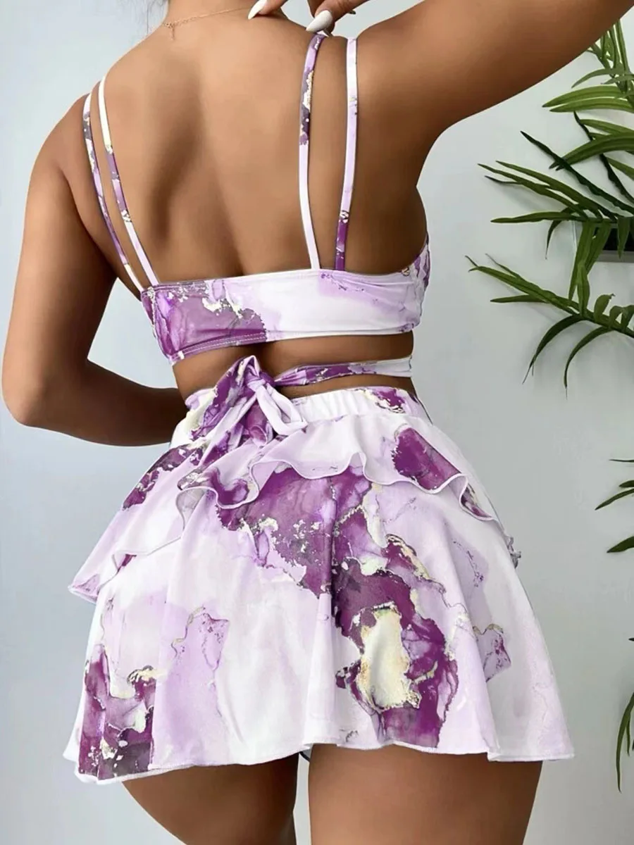 Bikini Three Piece Cover Up Swimsuit For Women Sexy Floral Printed Swimwear Push Up High Waist Beach Skirt-Style Bikini Set 2024