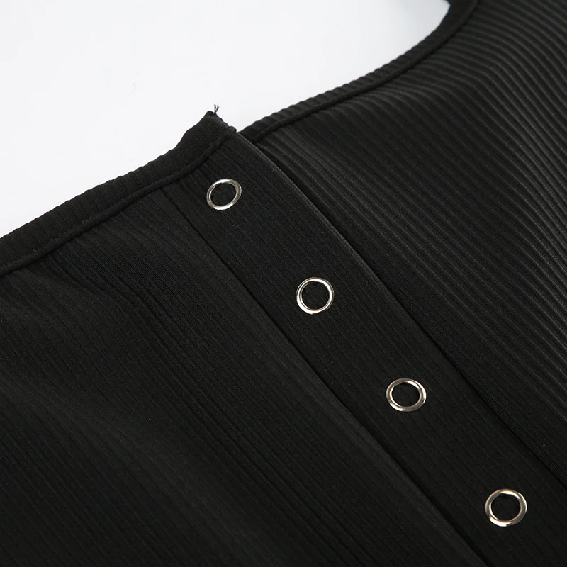 Black Ribbed Sleeveless Square Collar Skinny Sexy Rompers Buttons Details Solid Basic Tank Bodys Playsuits