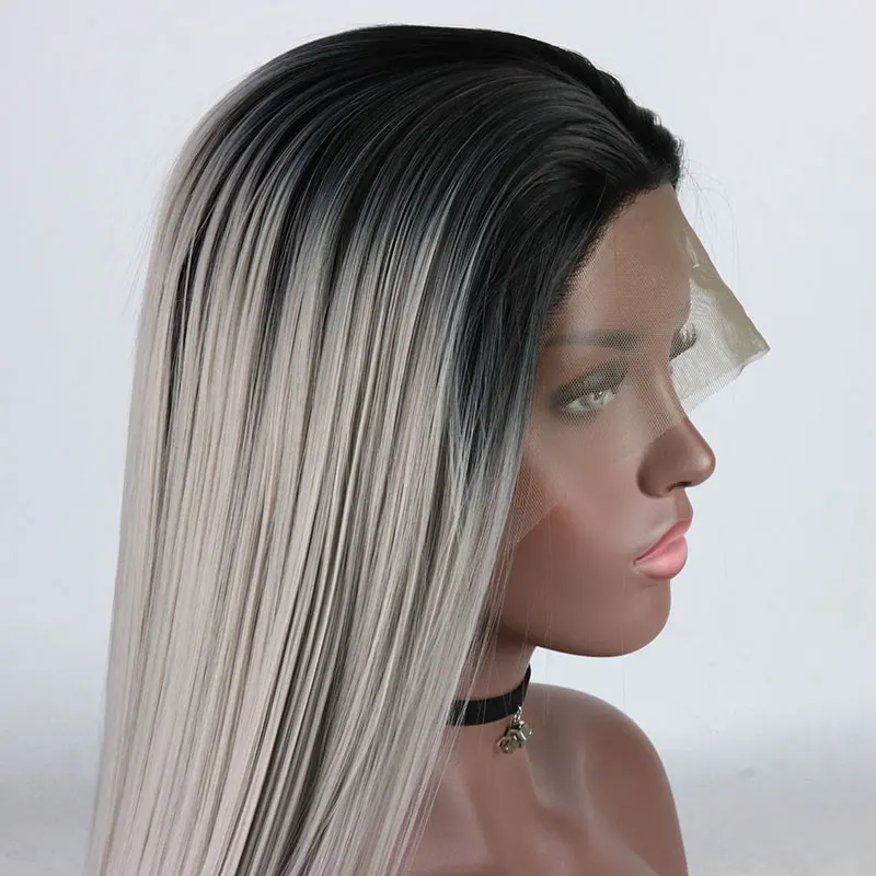 

Bombshell Black Ombre Grey Straight Synthetic 13X4 Lace Front Wigs Glueless High Quality Heat Resistant Fiber Hair For Women Wig