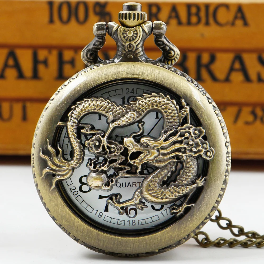 

Retro Half Hunter Hollow Dragon & Phoenix Design Pendant Men Women Pocket Watch Chain Fashion Cool Clock Children Gift