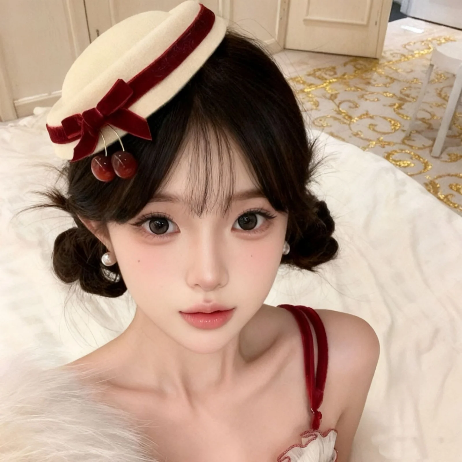 1PC Cream Velvet Cherry Beret Hat, Red Bow Decor Fashion Cap, Elegant Daily Headwear, Stylish Outfit Matching Hat