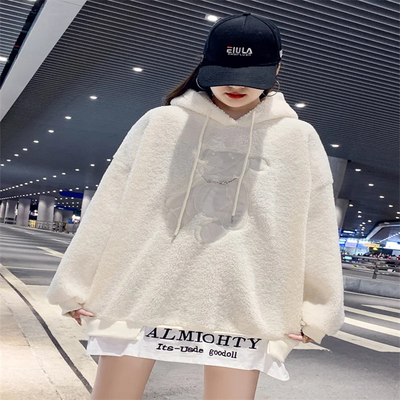 

Sandro Rivers 2022 Winter New Mid Length Hooded Little Bear Lamb Wool Sweater Women's Loose Splice Fake Two Piece Coat