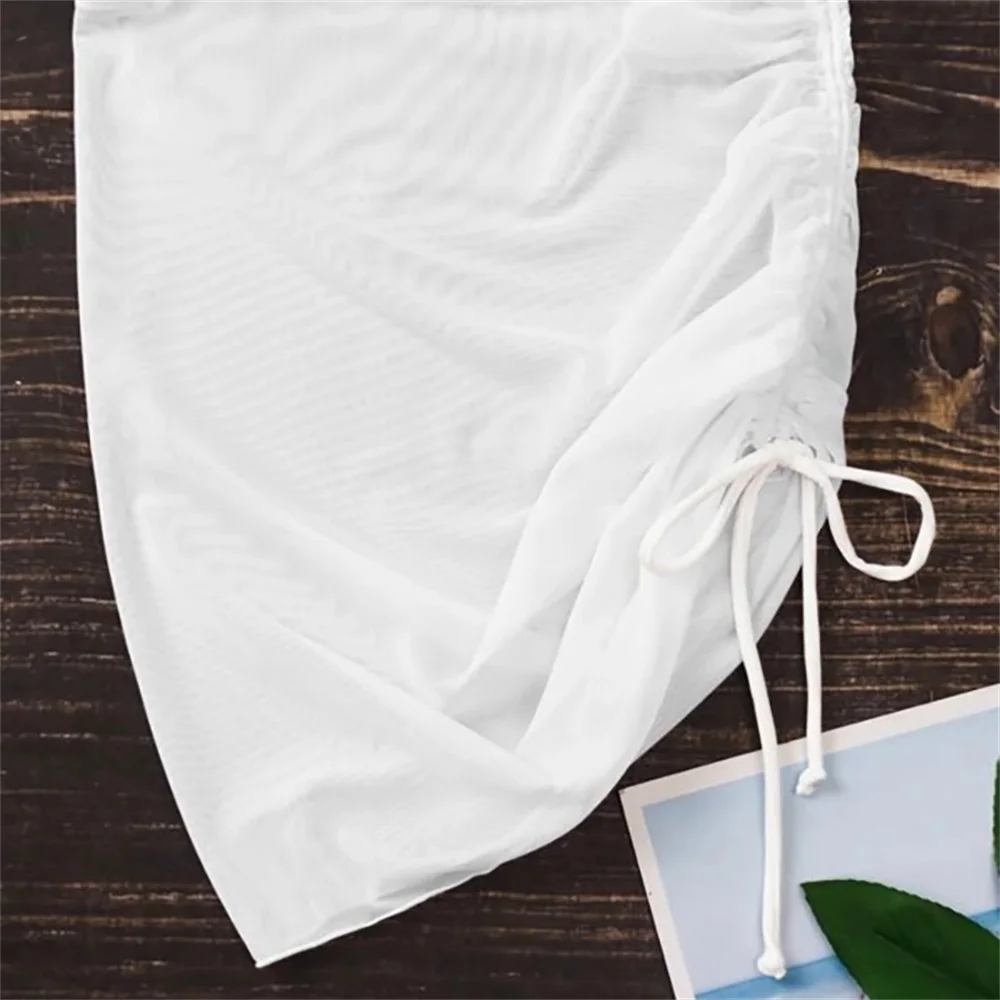 Translucent Sexy Swimsuit Beach Skirt Seaside Holiday Gauze Skirt Ruffled Overskirt Mesh Drawstring Solid Beachwear Hip Skirt 3