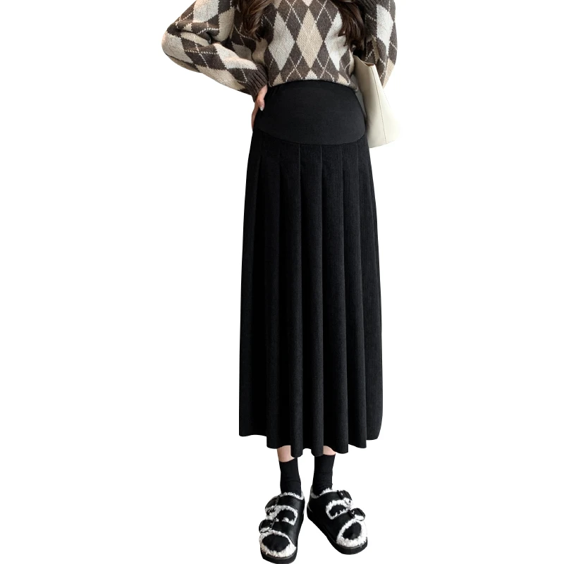 Autumn and Winter Maternity Woolen Skirts Preppy Style Long Loose Pregnant Women Pleated Skirt High Waist Pregnancy Full Skirt