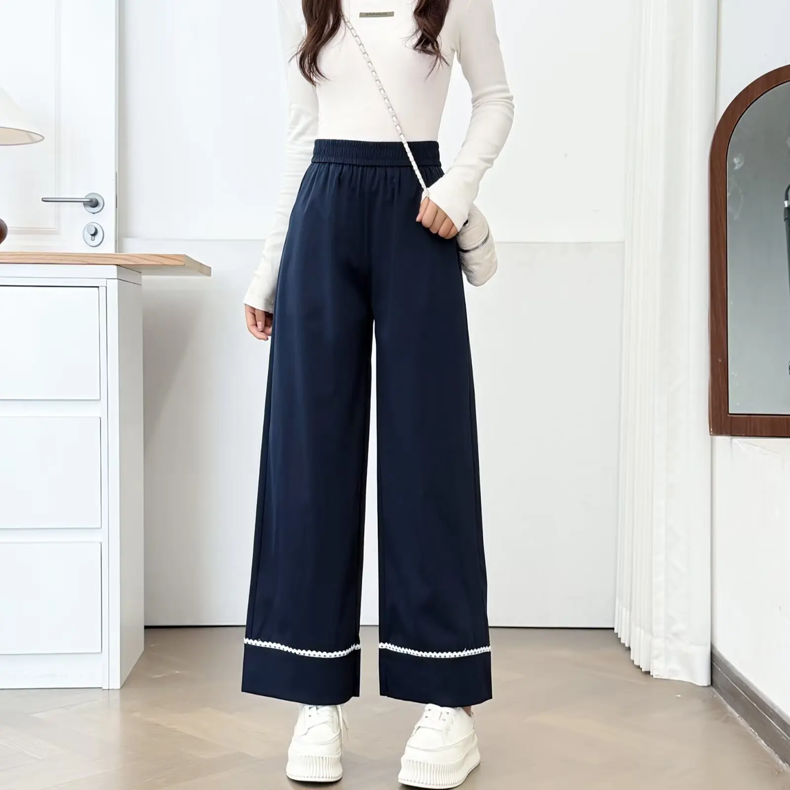 Fashion Plus Size Women's Straight Leg Pants 2025 Autumn New Style Simple Lace Patchwork Casual Ankle Length Trousers 6019