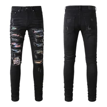  Fashion Designer Men Jeans Black Stretch Destroyed Patched Slim Ripped Jeans Men Punk Hole Trousers Hip Hop Brand Pants Hombre 