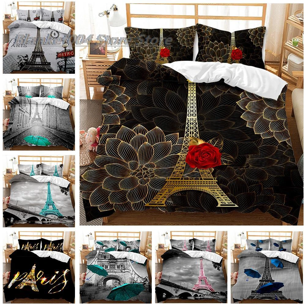 Paris Eiffel Tower Duvet Cover Set, Floral Paris Landmarks Eiffel Tower