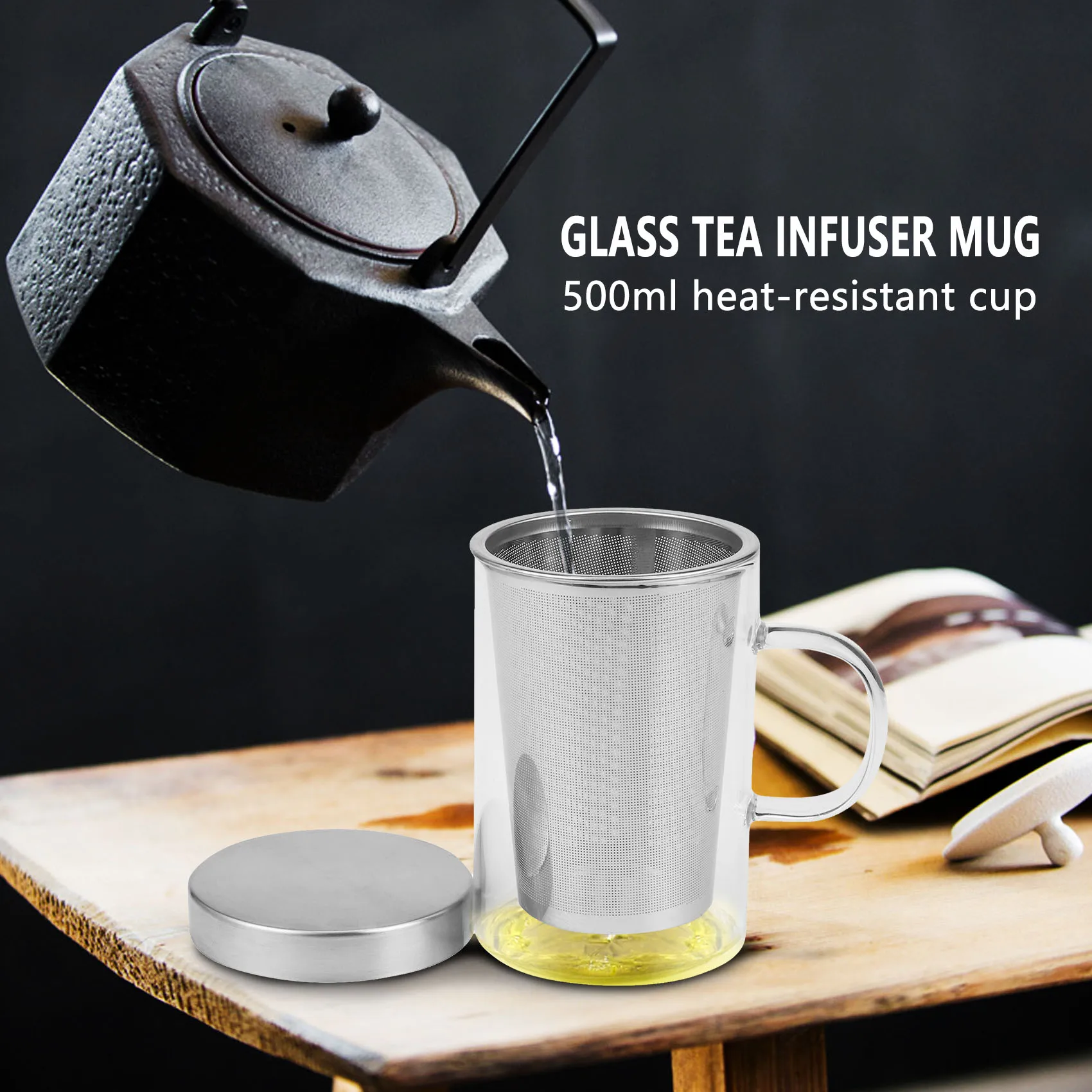 500Ml Travel Heat-Resistant Glass Tea Infuser Mug with Stainless Steel Lid Coffee Cup Tumbler Kitchen Heat-Resistant Large 2