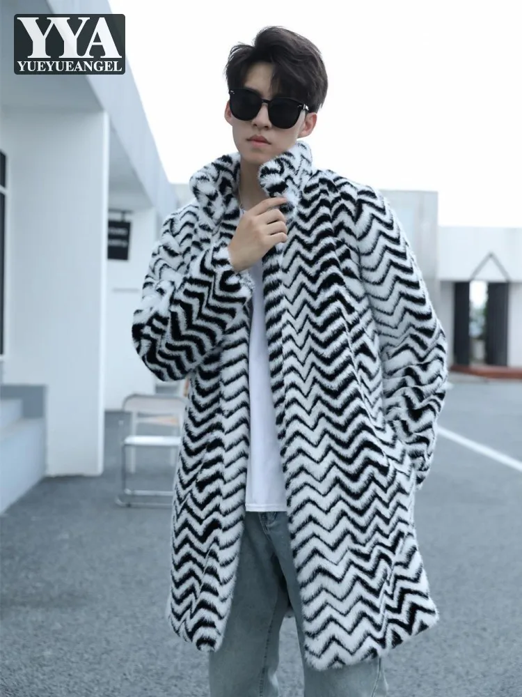 Winter Thick Warm Faux Fur Coat Men Stand Collar Colors Mixed Striped Plush Overcoat Fashion Artificial Fur Mid Long Trench Coat