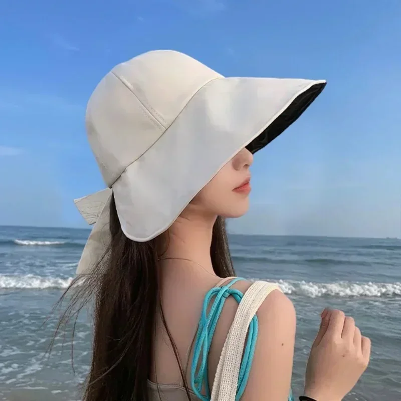 여성용 햇빛 넓은 챙 접이식 모자, UV 목 보호, 해변 활 버킷 모자, 포니테일 여행 파나마 모자, 여름