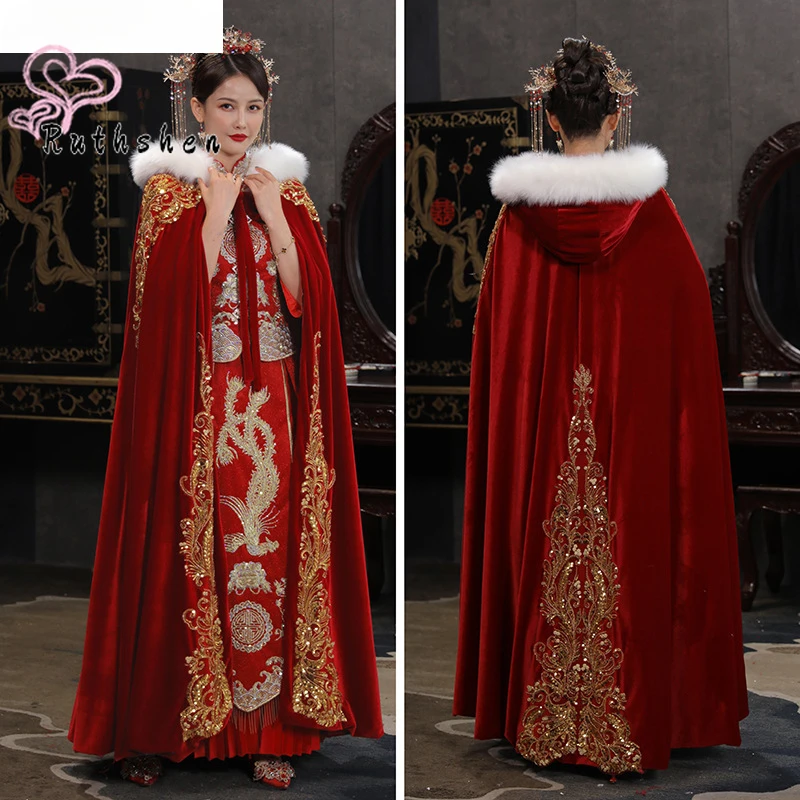 capa-novia-cape-de-mariage-en-fausse-fourrure-pour-femme-longue-capuche-rouge-vin-appliques-rondes-dorees-accessoires-velours