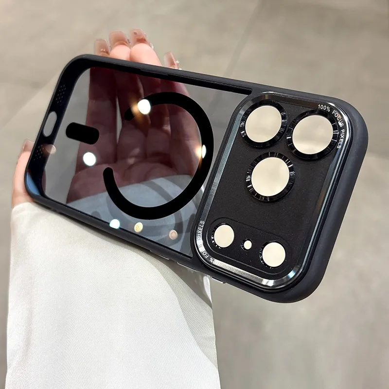 Sleek Clear Acrylic Magnetic Phone Case with Metal Frame and Wireless Charging Compatibility