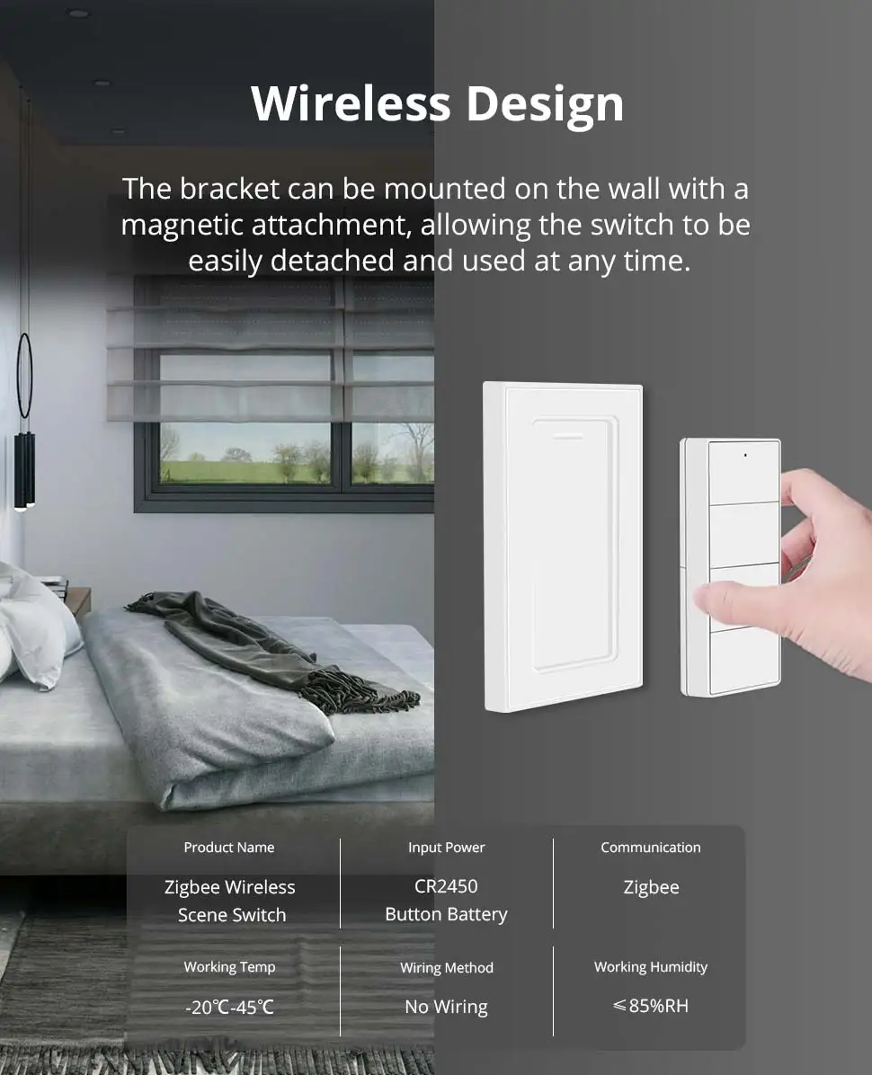 Zigbee 4 Gang Wireless Scene Switch Power by Battery Custom Linkage Tuya Smart D