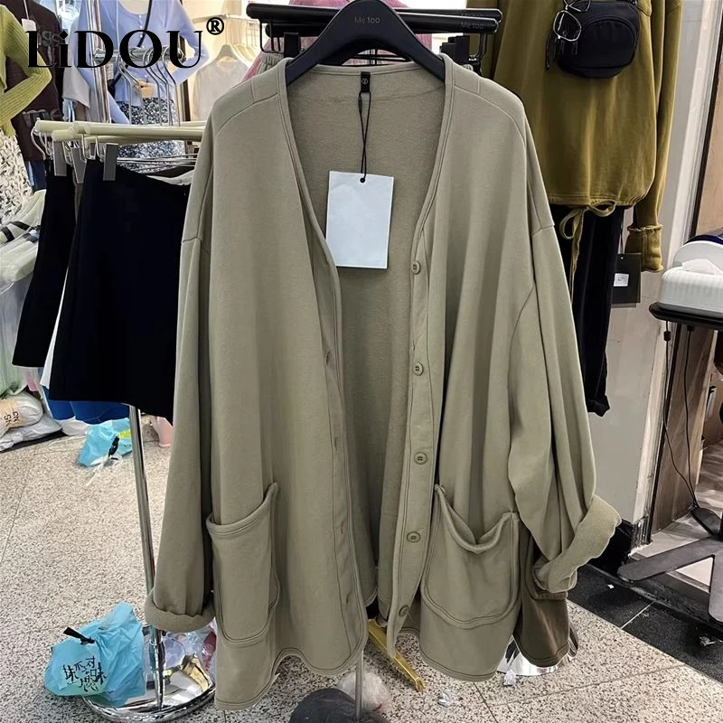 Spring Autumn New Solid Color Fashion Long Sleeve Trench Women High Street Casual Loose Button Pockets Chic All-match Cardigan
