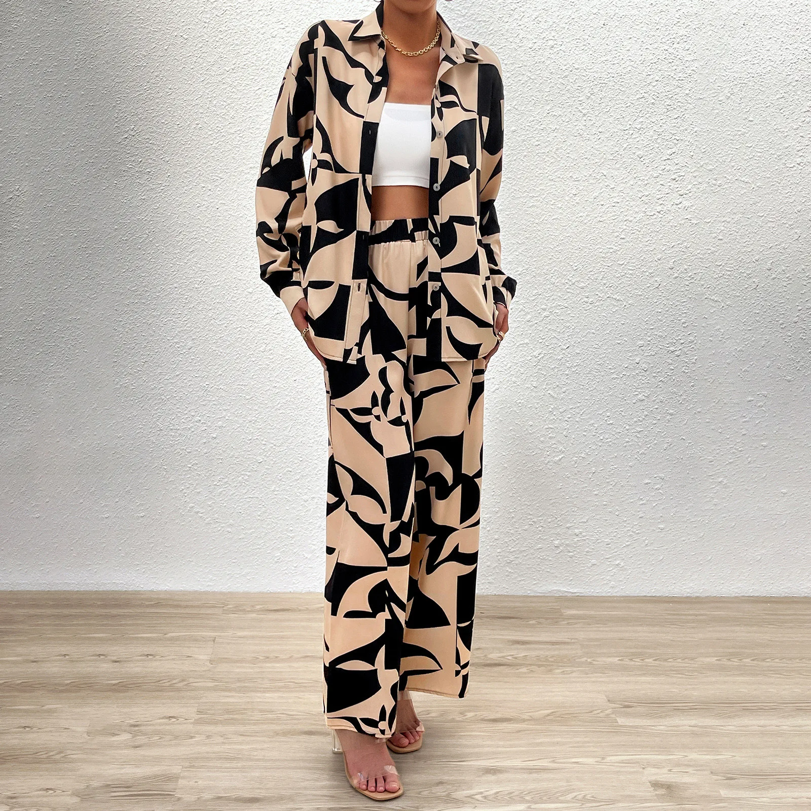 

YEAE Geometric Printing Long Sleeve Long Pants Set Tie-Dye Top Shirt Straight Pants Loose Set Casual Home Commuter Women's Set