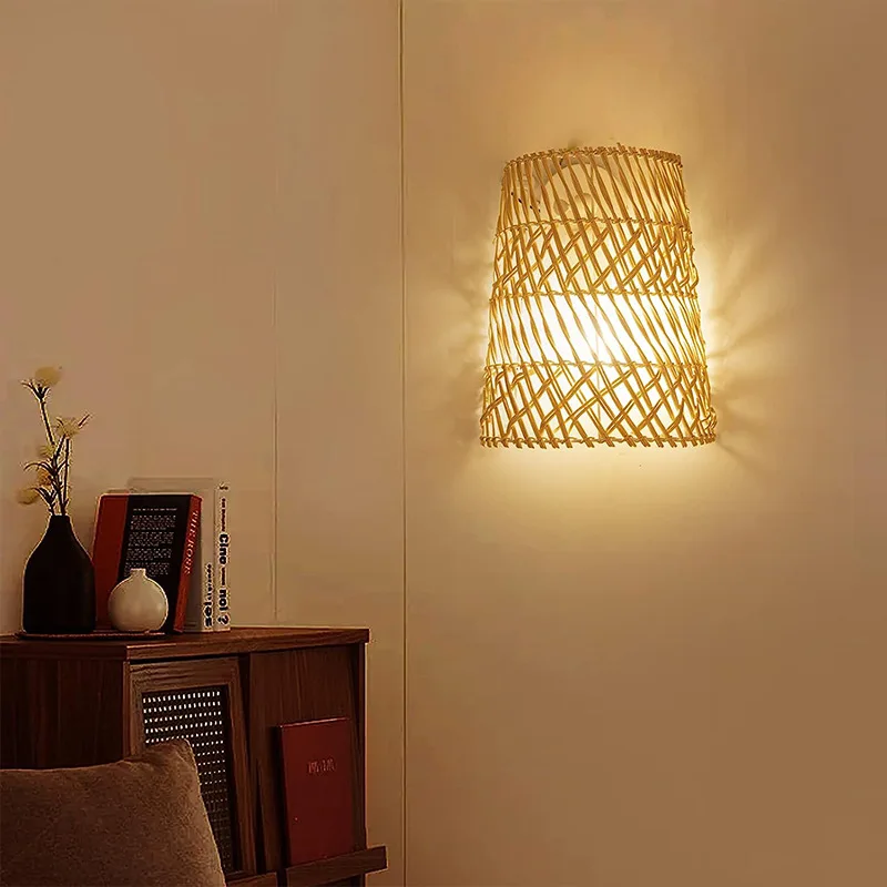 Chinese Style Rattan Wall Light Indoor interior wall light Kitchen Bedside Bedroom Living Room Light Sconces For Wicker Wall
