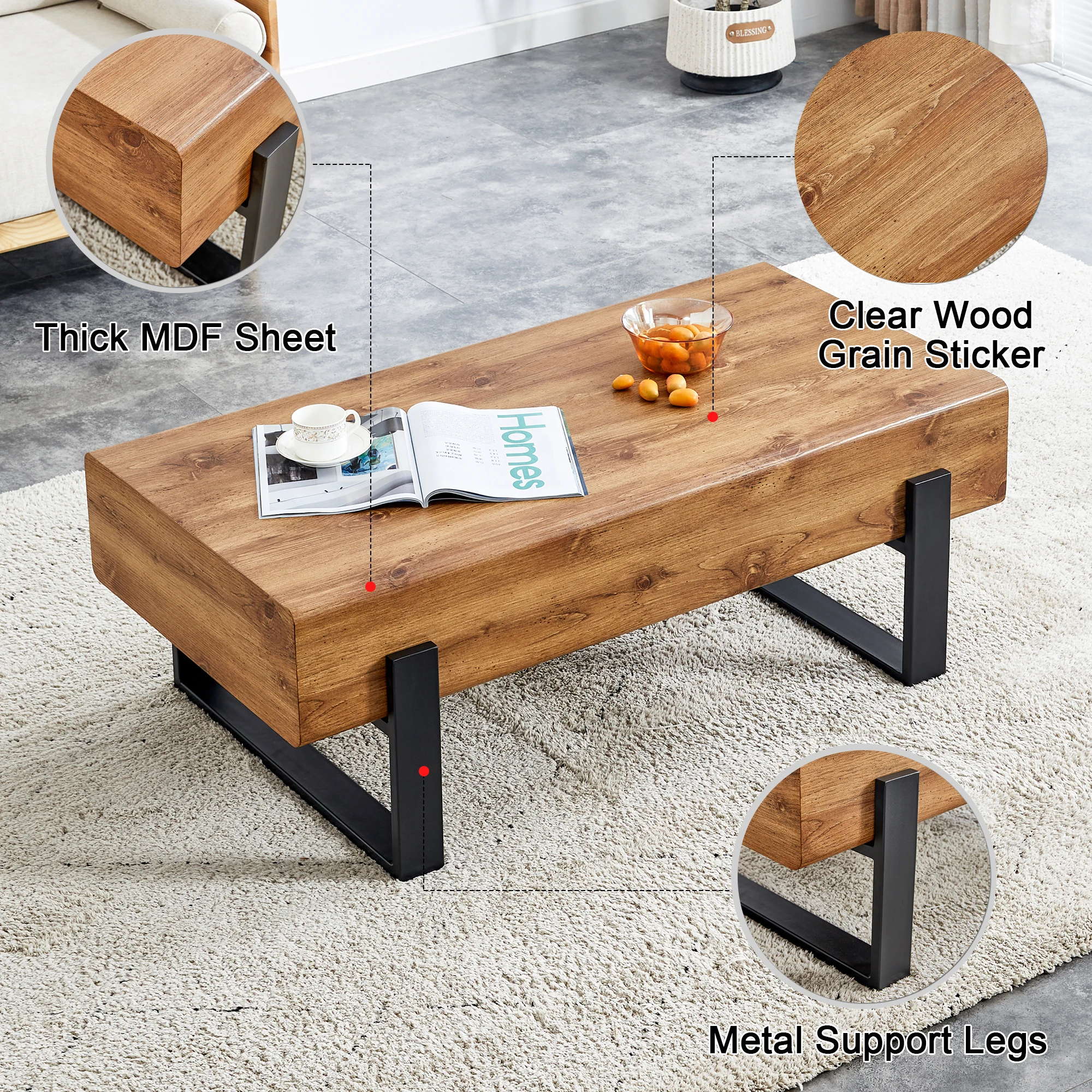 Rustic MDF Coffee Table With Metal Legs-Natural Wood Tone Elegance For Your Space Suitable For Living Room Sofa Table