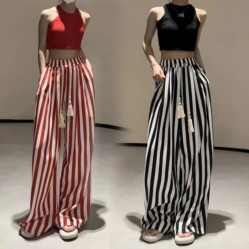 Spicy Girls' Premium Striped Wide Leg Pants Women's 2024 Summer Thin Loose Slim Straight Leg Casual Pants