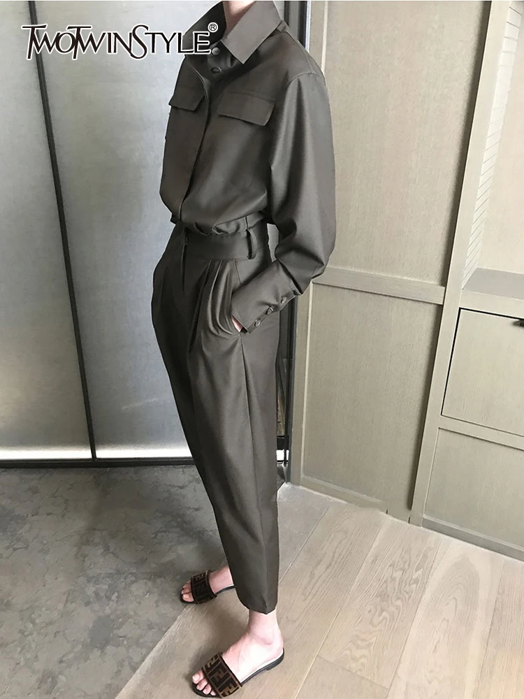 

TWOTWINSTYLE Minimalist Jumpsuits For Women Lapel Long Sleeve High Waist Spliced Pocket Wide Leg Pants Solid Jumpsuit Female New