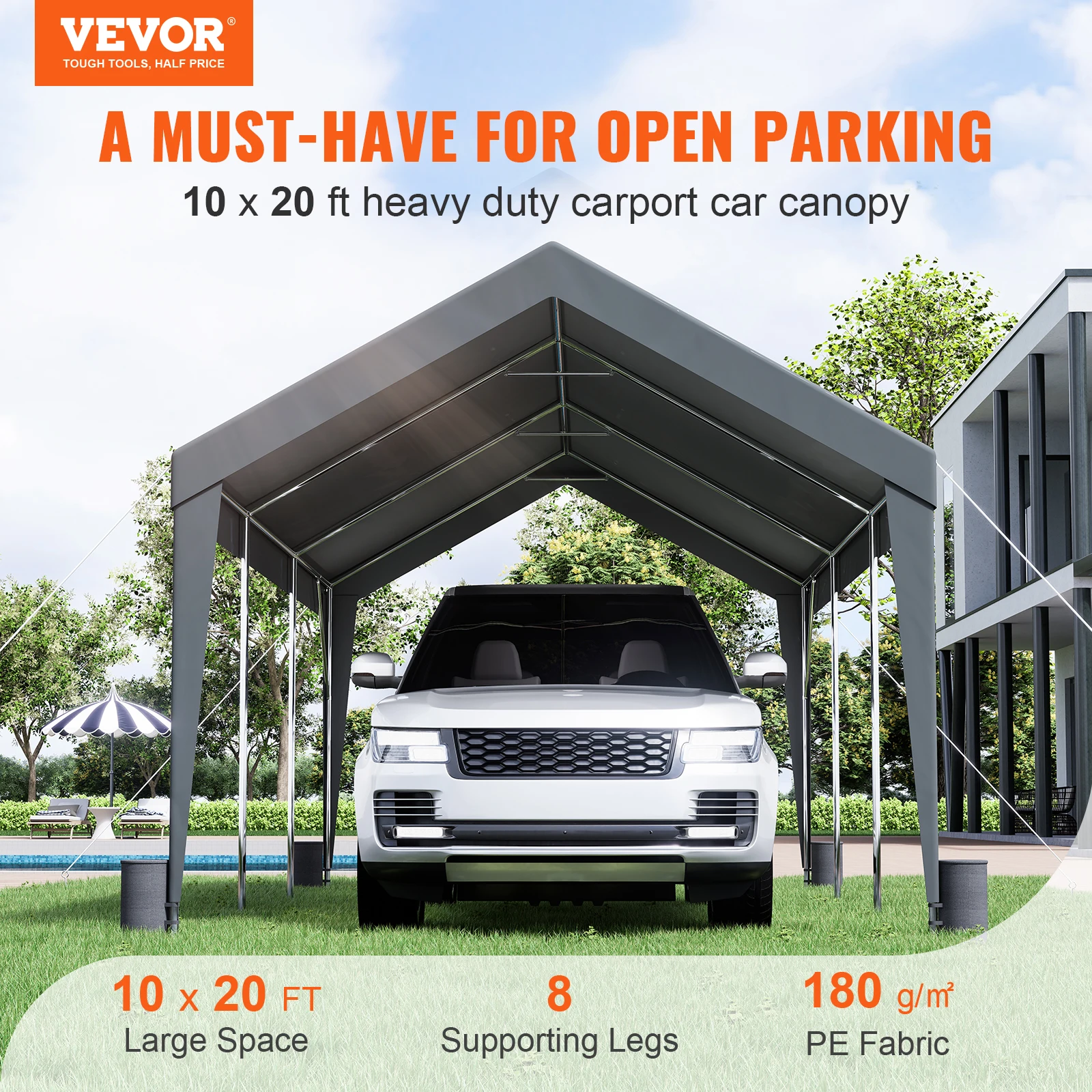 Waterproof Tarps VEVOR Carport 10x20ft Heavy Duty Car Canopy Garage 8 Reinforced Poles 4 Weight Bags UV Resistant