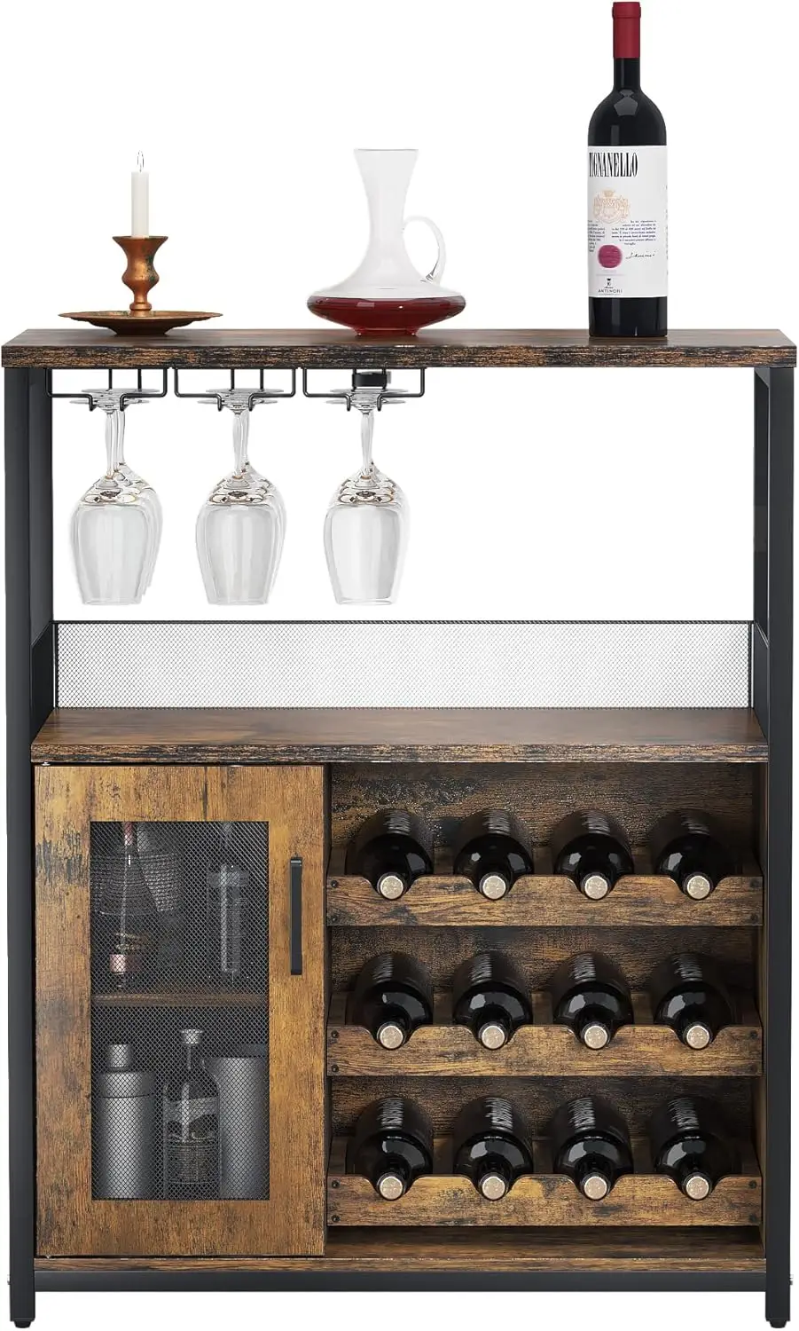 UK Bar Cabinet, Wine Rack Cabinet with Detachable Wine Rack, Adjustable Shelves Coffee Bar Cabinets with Mesh Door and Baffle De