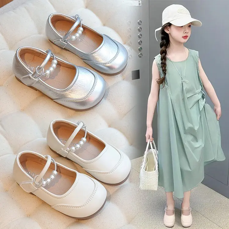 Little Girls Leather Shoes Soft Kids Mary Janes with Beading Beaded Chic Princess Sweet Simple Children Flats White for Wedding