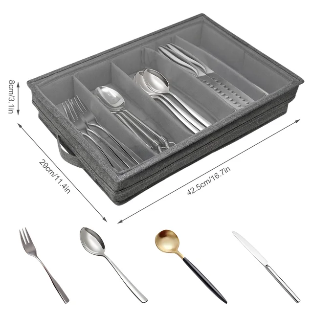 L Flatware Storage Case with PVC Lid 5 Compartment Foldable Utensil