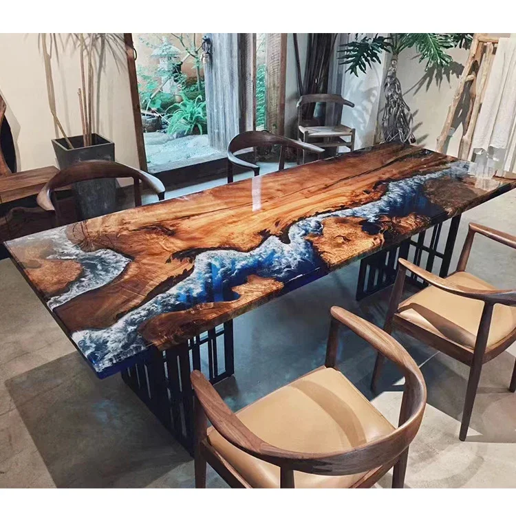 

2024 Special Design Solid Wood and River Resin Table Pterocarpus Erinaceus Poir Live Edge Epoxy Resin Dining Table Top