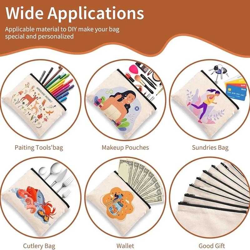 50Pcs Sublimation Blank Canvas Makeup Bags, Bulk Blank DIY Heat Transfer Cosmetic Makeup Bags For Bridesmaid Bag