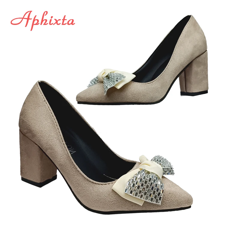 Aphixta Fashion Bling Crystal Bow 7cm Heels Pumps Women Butterfly-knot Pointed Toe Flock Suede Shoes Super Big Size 35-53
