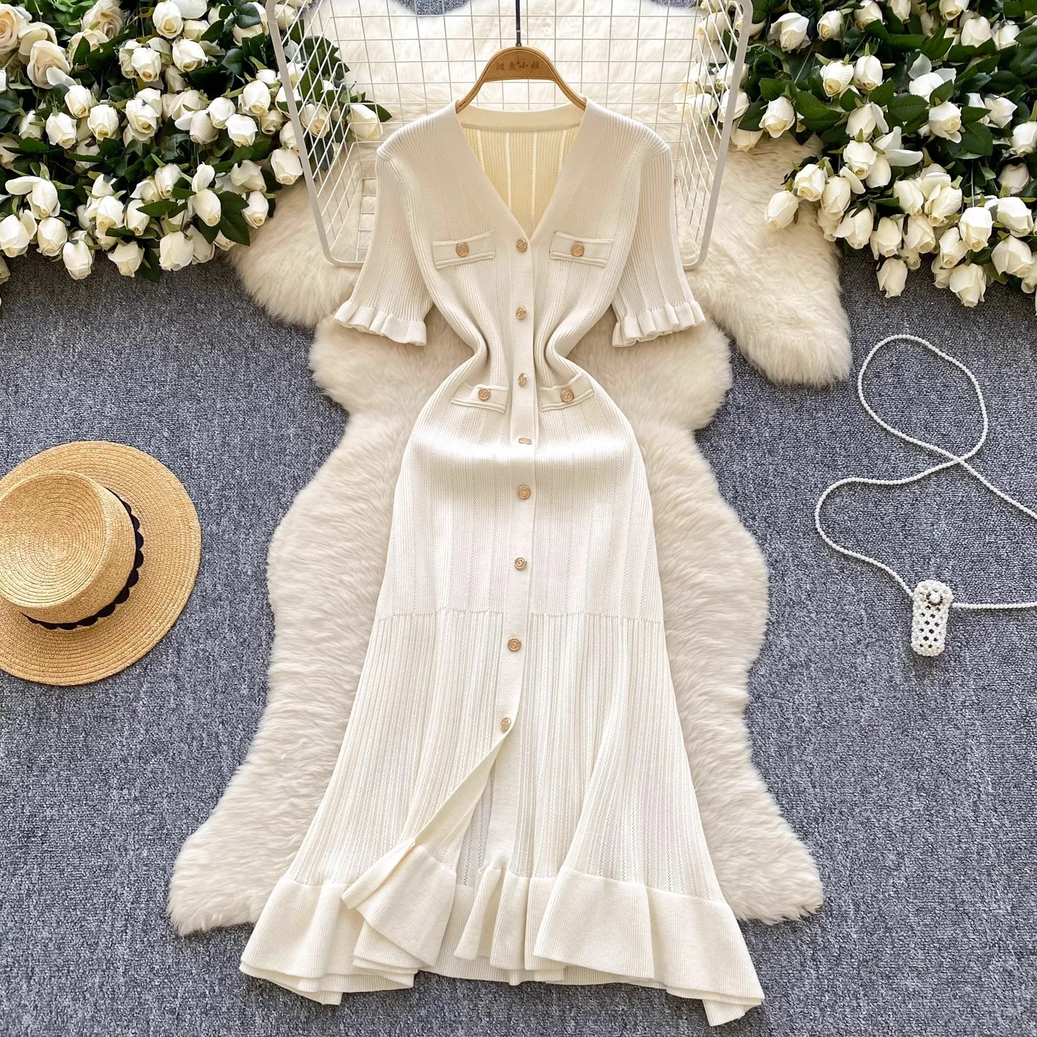 YuooMuoo Nouvelle Collection 2026 Robes Femme Marque Tendance Vintage Col V Volants Tricoté Longue Robe Élégante Soirée Vestidos