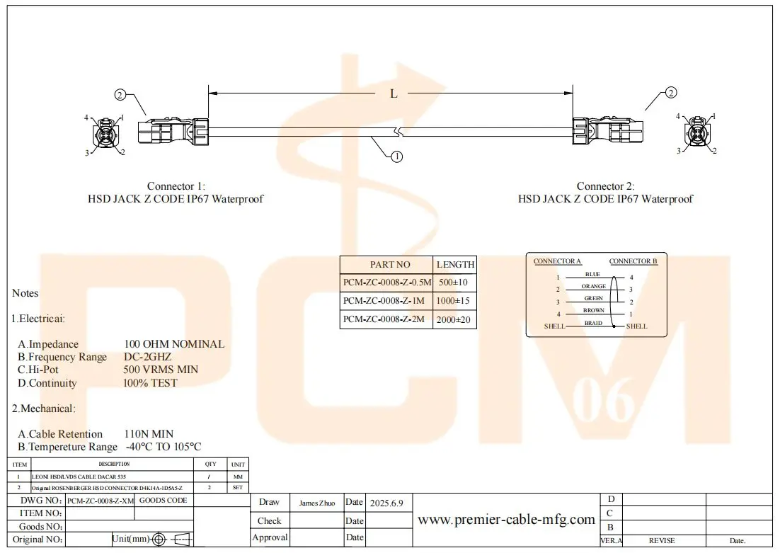 Wasserdichtes HSD-Kabel Rosenbeger D4K14A-1D5A5-Z HSD Z-Code Buchse auf Buchse Hochgeschwindigkeits-4-adriger 535-LVDS-Kabelbaum für BMW Audi – Detail 5